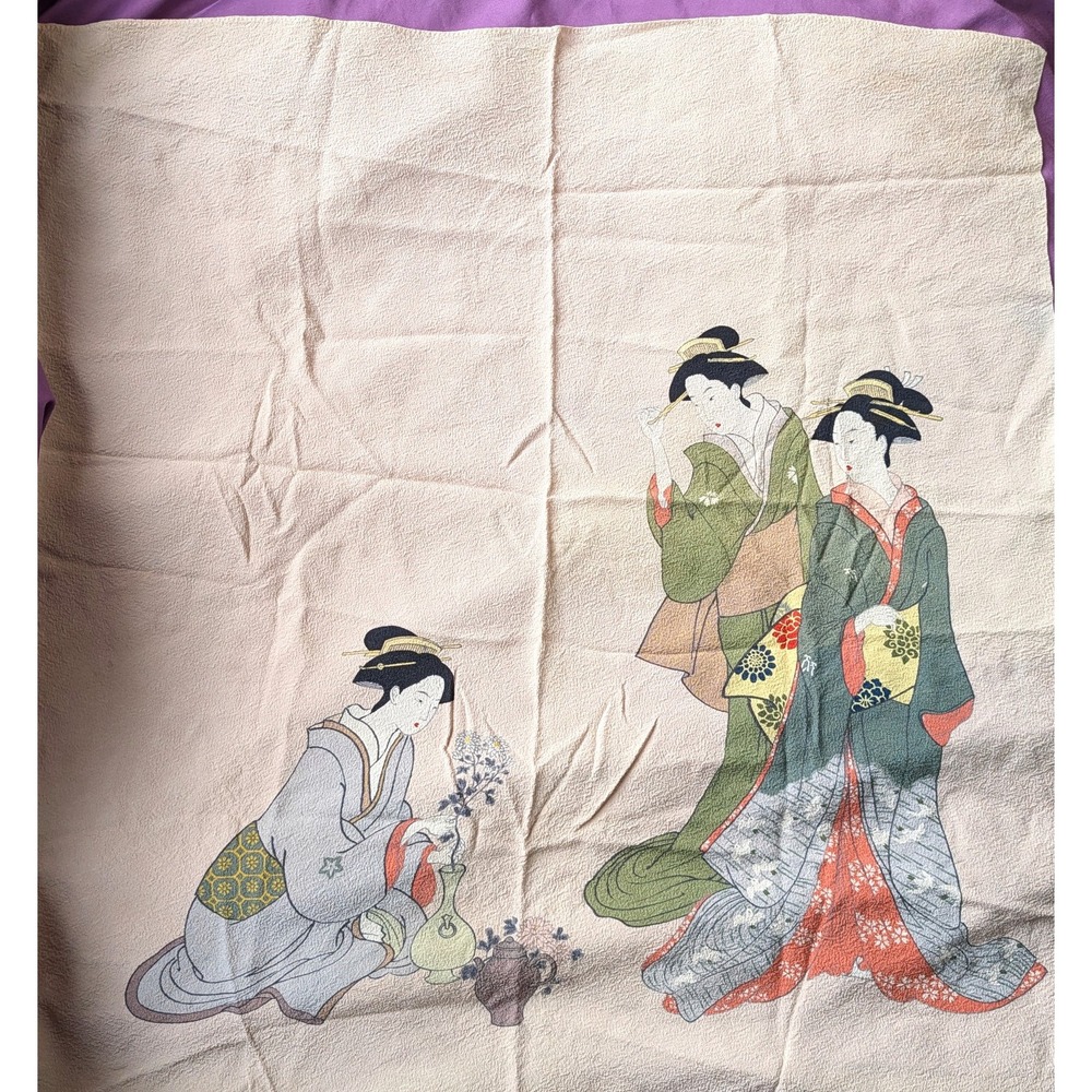 Japan VTG Handkerchief 24"x23" Geisha Woman Kimono Wall Art Scarf Floral Vase